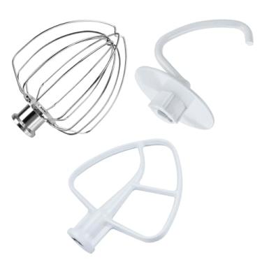 Imagem de Kit de acessórios de 3 peças para batedeiras de cabeça inclinada KitchenAid, série artesanal e série clássica da MMOBIEL – Chicote de alumínio K45 de 6 fios, batedor plano e gancho de massa – Lavar