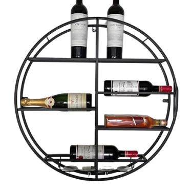 Imagem de Rack de vinho montado na parede, prateleiras redondas flutuantes, exibição de garrafa de licor industrial com suporte de vidro, armazenamento de vinho que economiza espaço, design de metal criativo