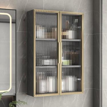 Imagem de Armário de parede de banheiro com portas de vidro, armário de parede de banheiro de madeira maciça sobre vaso sanitário, armários de remédios para organizador de banheiro, armário de armazenamento de