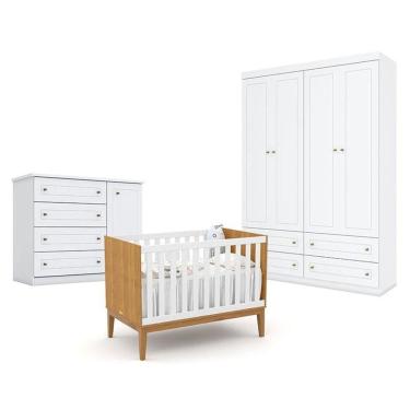 Imagem de Quarto De Bebê Americano 4 Portas Com Berço Americano Unique Freijó Branco Soft Eco Wood - Matic - Henn