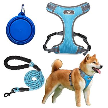 Imagem de GEEROLL Colete para animal de estimação alça peitoral para cães corda de tração durável à prova de explosão reflexiva anti perda conjunto de tigelas para animais de estimação (azul, G)