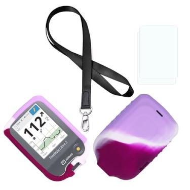 Imagem de Capa de silicone de cor mista premium (cordão + protetor de tela TPU) para Freestyle Libre 3 e Freestyle Libre 2 (roxo branco)