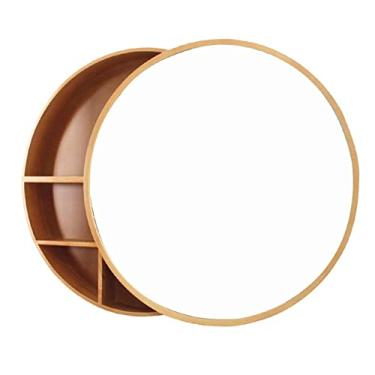 Imagem de AKALNNB Armário de armazenamento de banheiro redondo de madeira com espelho de maquiagem com moldura deslizante de madeira - armário de armazenamento de espelho de banheiro montado na parede p