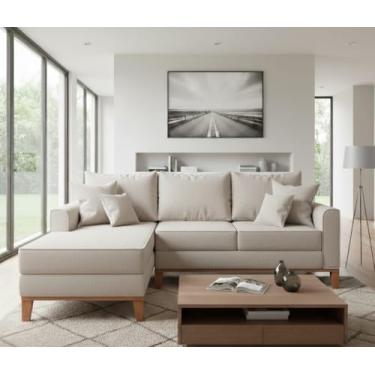 Imagem de Sofá Beny com Chaise Esquerda, 1,40x2,20m, 3 Lugares, Linho, Base em Madeira. (Cru)