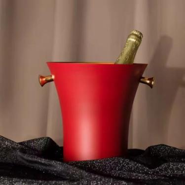 Imagem de Balde de gelo de aço inoxidável bicamada preservação do calor isolamento frio bonito KTV champanhe vinho tinto cerveja gelo bloco de gelo balde comercial (vermelho, único)