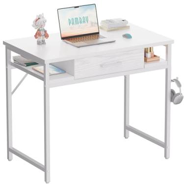 Imagem de Pamray Mesa pequena para computador de 81 cm com gaveta e prateleiras, mesa de trabalho simples para quarto, branca