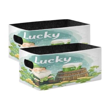 Imagem de xigua Conjunto de 2 caixas de armazenamento de gnomo com trevos de folhas, cubo de armazenamento dobrável, organizador de cestas de armazenamento para livros, prateleiras, armário, lavanderia