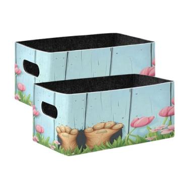 Imagem de xigua Conjunto de 2 caixas de armazenamento fofas de coelhinho marrom, cubo de armazenamento dobrável, organizador de cestas de armazenamento para livros, prateleiras, armário, lavanderia, berçário