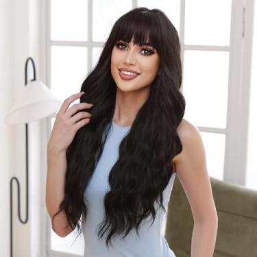 Imagem de Daconovo Moda feminina peruca preta longa encaracolada com franja sexy ondulada peruca natural respirável resistente ao calor sintético com rede de cabelo para mulheres cosplay festa uso diário