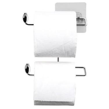 Imagem de Suporte para Papel Higiênico Duplo Aço Cromado Fixação Adesiva Parede 