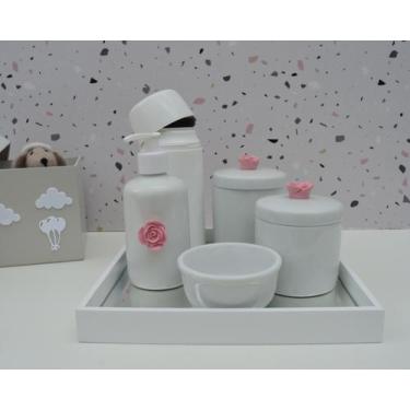 Imagem de Kit Higiene Bebê K010 Apliques Rosa Bandeja Espelho Banho Quarto - Cir
