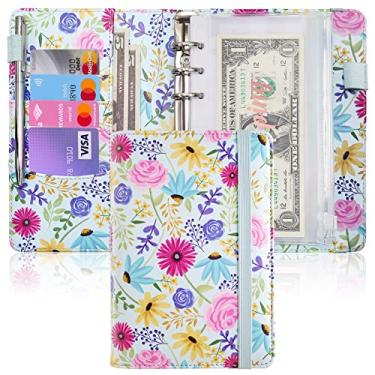 Imagem de Fichário de orçamento A6 para economia de dinheiro, planejador de orçamento de couro PU com 8 envelopes para dinheiro, folhas de orçamento e adesivos de categoria de ouro rosa, organizador de dinheiro para fichário (flor azul)