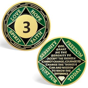 Imagem de Moeda de sobriedade NA de 3 anos, chips de sobriedade medalhões de NA verdes - amor, esperança, espírito, fé, moedas de recuperação de dependência de fé, símbolos sóbrios para narcóticos anônimos