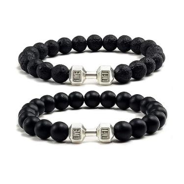 Imagem de POYAMUSE Pulseira de contas com pingente de haltere - Pulseira de contas de pedra vulcânica - Joias de decoração de academia, Medium, Metal, Metal