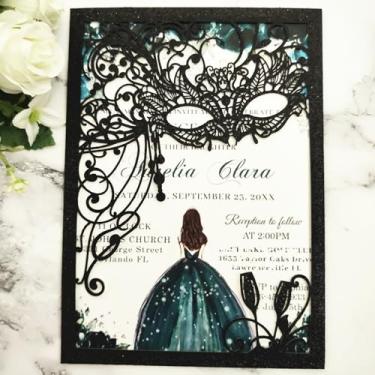 Imagem de JOACHUUY Convite de baile de máscaras SVG, DXF, PNG, convites de quinze anos, convite de bolso com envelopes para xv, aniversário de 16 anos, chá de panela. (preto brilhante)