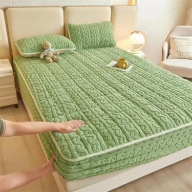 Imagem de Protetor de colchão de veludo quente de algodão espesso, antiderrapante, capa de colchão, respirável, amigo da pele, lençol com elástico cor sólida e aconchegante - verde | Queen: 150 x 200 cm