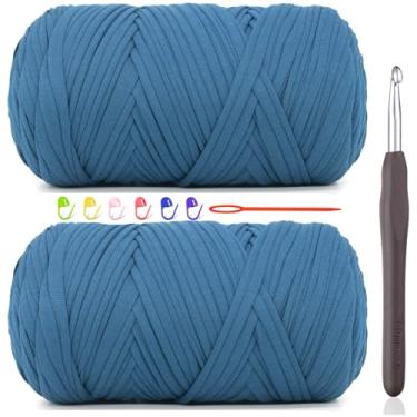 Imagem de 2 fios de camiseta de 400 g para crochê, camiseta azul jeans, tecido elástico grosso, fio de crochê para iniciantes, bolsa de tricô à mão, cesta/porta-copos / artesanato faça você mesmo/decoração de