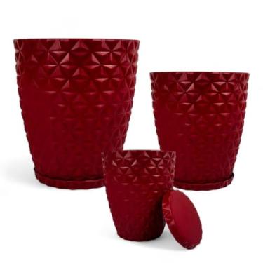 Imagem de Vaso Planta，Conjunto de 3 Vasos Decorativos de Diamantes P, M, G(VERMELHO C/PRATO)