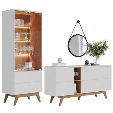 Imagem de Balcão Buffet Com Cristaleira Rebeca E Espelho Adnet 67cm C05 Off White-freijó - Mpozenato