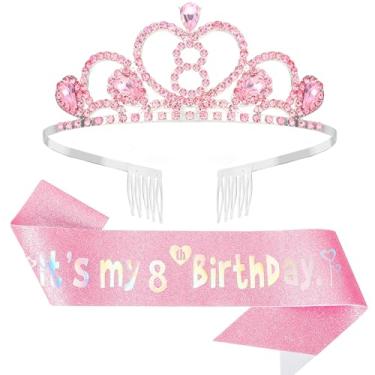 Imagem de CIEHER Decorações de aniversário de 8 anos para meninas - Conjunto de coroa e faixa de 8 anos com broche de pérola - rosa