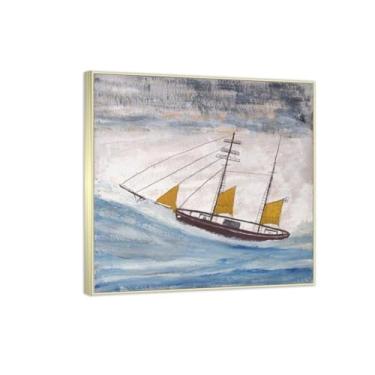 Imagem de RYLJCZ Reproduções de pinturas famosas de Alfred Wallis-(Yellow Sails) Impressões em tela - quadros decorativos para sala de estar 60 x 60 cm (23,7 x 23,7 pol) molduras de champanhe