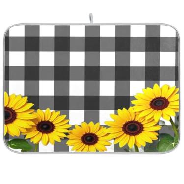 Imagem de Tapete de secagem de pratos xadrez de búfalo, tapete de secagem de girassol preto/branco para balcão de cozinha, 40,64 x 45,72 cm, tapete resistente ao calor, escorredor de pratos para balcão de cozinha