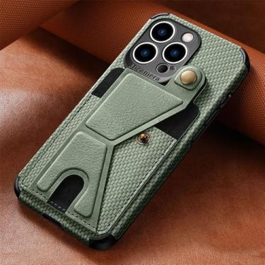 Imagem de Capa de telefone com suporte para cartão de carteira de fibra de carbono para iPhone 13 12 Mini 14 11 Pro XS Max XR X 7 8 6 6s Plus SE 2 3 Capa de couro, verde, para iphone 11 pro