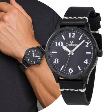 Imagem de Relógio Masculino Preto de Pulso com Pulseira de Couro e Caixa de Aço 