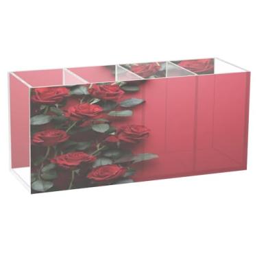 Imagem de Burbuja Porta-canetas de acrílico Roses, 4 compartimentos, suporte de lápis transparente para pincéis de maquiagem fixos, acessórios de mesa de escritório em casa