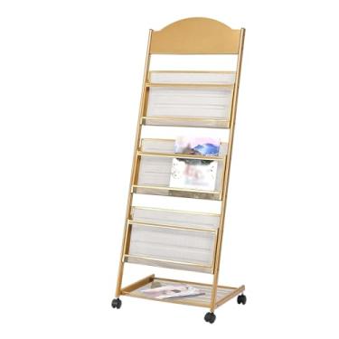 Imagem de Porta-revistas de ferro de 3/4 camadas douradas com rodas - Suporte móvel de exibição de chão para escritórios, feiras, lojas de varejo, suporte de folheto, organizador elegante