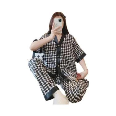 Imagem de Conjunto De Pijama Feminino De Verão Em Seda Gelada, Manga Curta, Caim