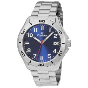 Imagem de Relógio Masculino Champion Social Prata Todo em Aço Fundo Azul com Cal