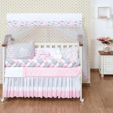 Imagem de Kit Protetor Berço Americano Menina Nuvem Trança E Saia Rosa