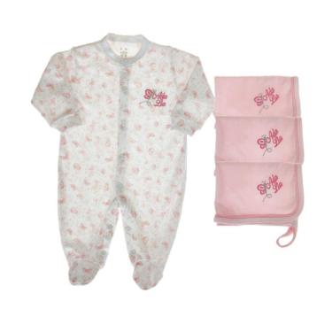 Imagem de Kit macacão longo estampado e 3 panos de boca rosa personalizado