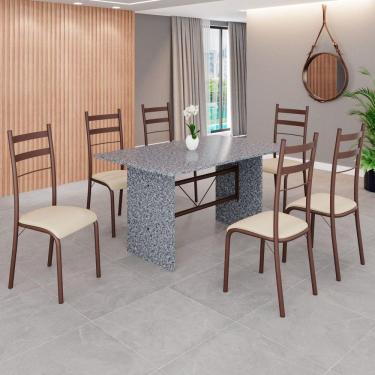 Imagem de Conjunto Sala de Jantar Mesa Retangular 140x75cm Tampo Granito Ocre 6 Cadeiras Marselha Creme / Marrom