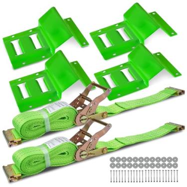 Imagem de Digank Kit de amarração de calço de roda E Track, 5 cm x 4,5 m de amarração de reboque resistente, tiras de pneu de reboque E Track para reboque de carro UTV ATV amarração de catraca (pacote com 2)