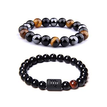 Imagem de CSIYANJRY99 Pulseiras do zodíaco para homens e mulheres, presentes do signo do zodíaco, 12 constelações, horóscopo de 8 mm, obsidiana natural, hematita, ônix, olho de tigre, pulseira elástica, 7.5