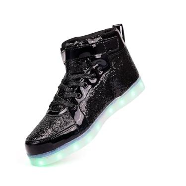 Imagem de PYYIQI Tênis de LED com glitter, cano alto, feminino, masculino, piscando, para festa de Natal, Halloween, com carregamento USB, Preto, 9 Women/8.5 Men