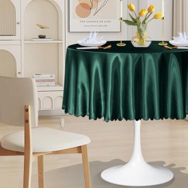 Imagem de Cobedzy Pacote com 1 toalha de mesa redonda de cetim de 122 cm, capa de mesa de cetim verde caçador, sobreposta, toalha de mesa de jantar sedosa para casamento, festa, banquete, eventos, recepção