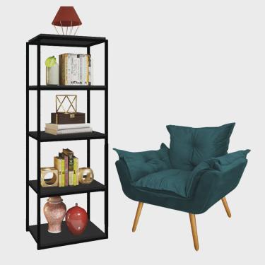 Imagem de Kit Poltrona Fatte com Estante Livreiro Ferro Preto mdf Preto Suede Azul Turquesa - Ahazzo Móveis