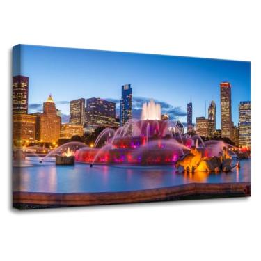 Imagem de Pacimo Arte de parede para sala de estar Chicago Night View decoração de parede para quarto paisagem urbana arranha-céus skyline imagens pinturas impressões arte moderna emoldurada decoração de casa