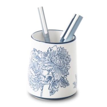 Imagem de Magclay Porta-lápis para mesa, suporte de caneta de cerâmica, organizador de canetas de mesa chinoiserie azul e branco, flores e ramos