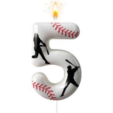 Imagem de Vela número de aniversário de beisebol, número 5 velas para topo de bolo, decoração de bolo ideal para festas de aniversário, aniversário de casamento e outras celebrações (andle 5)