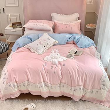 Imagem de Estilo princesa algodão de fibra longa quatro peças bonito desenho animado coelho patch bordado colcha capa de cama macia (cor: rosa, tamanho: 2 m) (rosa 2 m)