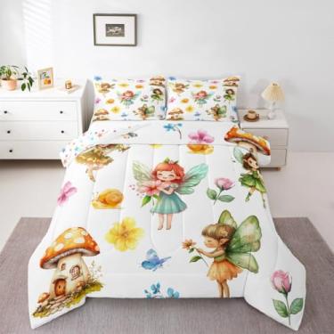 Imagem de Erosebridal Jogo de cama solteiro com estampa de fada sonhadora, flores de jardim, borboletas, cogumelos, para crianças, meninos, meninas, adultos, aquarela, estética e decoração de quarto de meninas