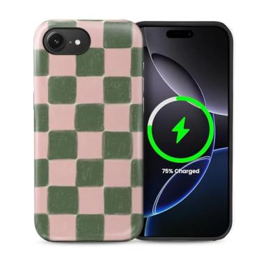 Imagem de ZHEGAILIAN Capa compatível com iPhone 16e, [compatível com MagSafe], capa rígida híbrida de 2 camadas para meninas, meninos, mulheres, homens, capa de telefone com design xadrez rosa e verde
