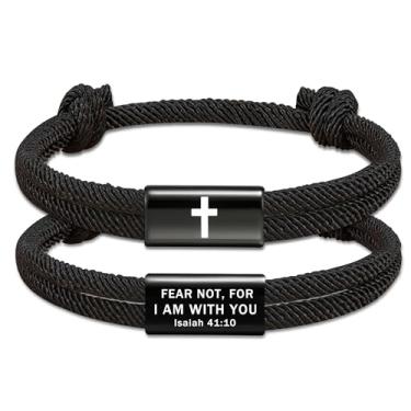 Imagem de ESPVO Pulseiras masculinas cruzadas com versículo bíblico, corda trançada, ajustável, cristão, batismo, religioso, Natal, meia de presente, 8 Inches, Aço inoxidável, Sem Pedra Preciosa