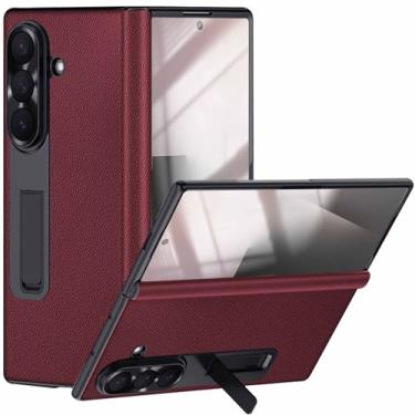 Imagem de YQODSZ Capa de couro para Samsung Galaxy Z Fold 7 com suporte, protetor de tela de vidro frontal embutido capa de dobradiça à prova de choque cobertura total capa de negócios para Z Fold 7 vermelho