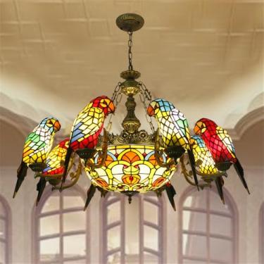 Imagem de Lustre contemporâneo de papagaio, obra de arte de luxo para sala de estar, restaurante, quarto, villa, hotel, café, bar, karaokê, clube, luminária pendente de vidro colorido com LED (8 lâmpa