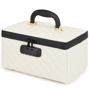 Imagem de KaAutoler Caixa de maquiagem portátil com cadeado, organizador de estojo de maquiagem de viagem de grande capacidade, bolsas de maquiagem para meninas viajando com alça e divisória bolsa de maquiagem